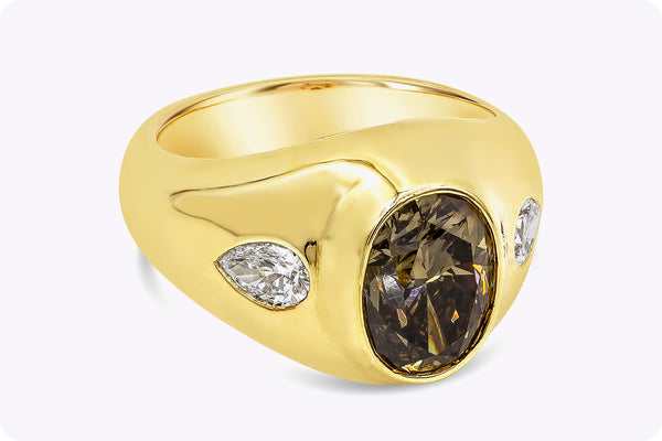 GIA Certified 3.01 Carats Oval Cut Fancy Brown Diamond Gypsy Fashion Ring in Yellow Gold