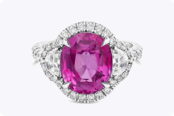 5.73 Carats Oval Cut Pink Sapphire & Diamonds Three-Stone Engagement Ring in White Gold