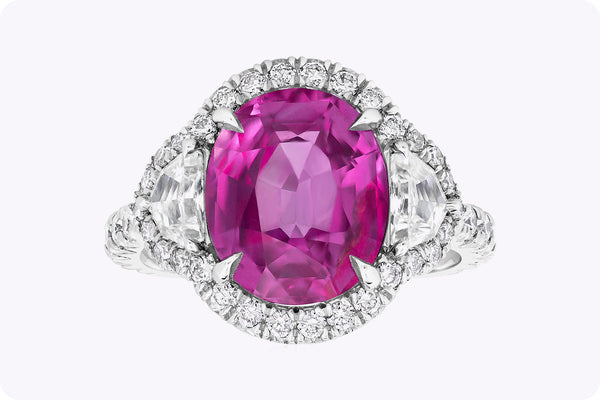 5.73 Carats Oval Cut Pink Sapphire & Diamonds Three-Stone Engagement Ring in White Gold