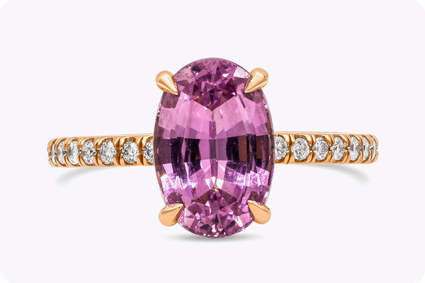 GIA Certified 3.38 Carats No-Heat Oval Cut Pink Sapphire & Diamond Engagement Ring in Rose Gold