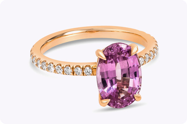 GIA Certified 3.38 Carats No-Heat Oval Cut Pink Sapphire & Diamond Engagement Ring in Rose Gold