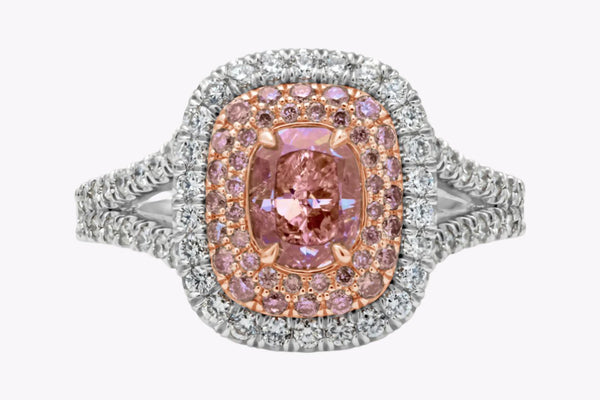 GIA Certified 1.07 Carats Oval Cut Pink Diamond Triple Halo Engagement Ring in Rose & White Gold