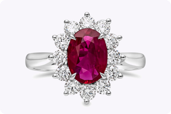 1.50 Carats Oval Cut Ruby & Diamond Floral Engagement Ring in White Gold