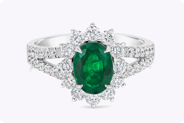 1.17 Carats Oval Cut Emerald & Diamond Halo Floral Engagement Ring in White Gold