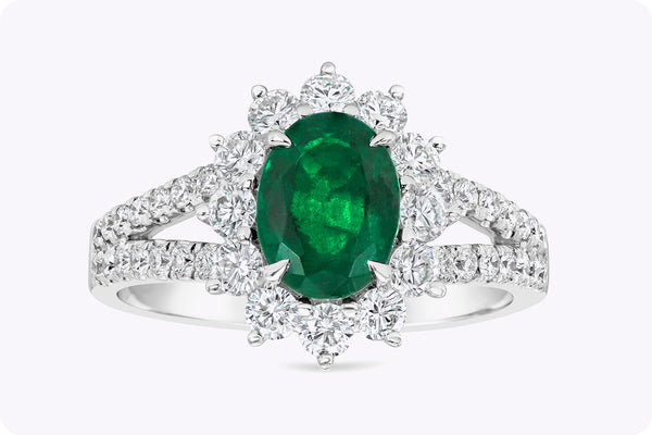 1.17 Carats Oval Cut Emerald & Diamond Halo Floral Engagement Ring in White Gold