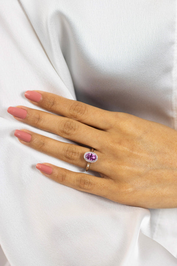 1.95 Carats Oval Cut Pink Sapphire & Diamond Halo Engagement Ring in White Gold