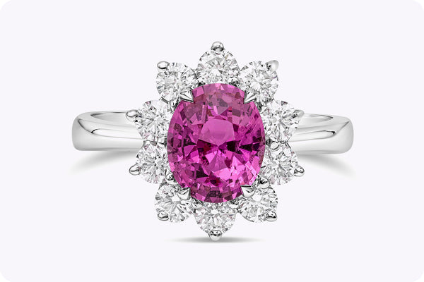 1.89 Carats Oval Cut Pink Sapphire & Diamond Halo Engagement Ring in White Gold