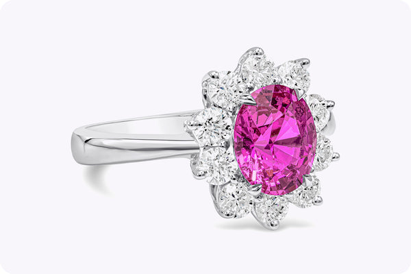 1.89 Carats Oval Cut Pink Sapphire & Diamond Halo Engagement Ring in White Gold