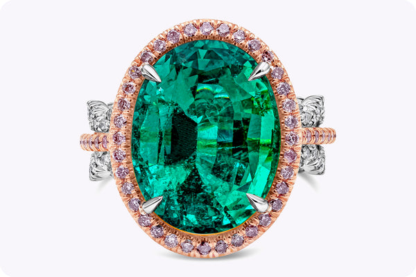 9.61 Carats Oval Cut Green Emerald Halo Cocktail Fashion Ring in Two-Tone