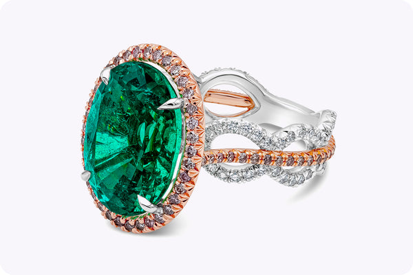 9.61 Carats Oval Cut Green Emerald Halo Cocktail Fashion Ring in Two-Tone