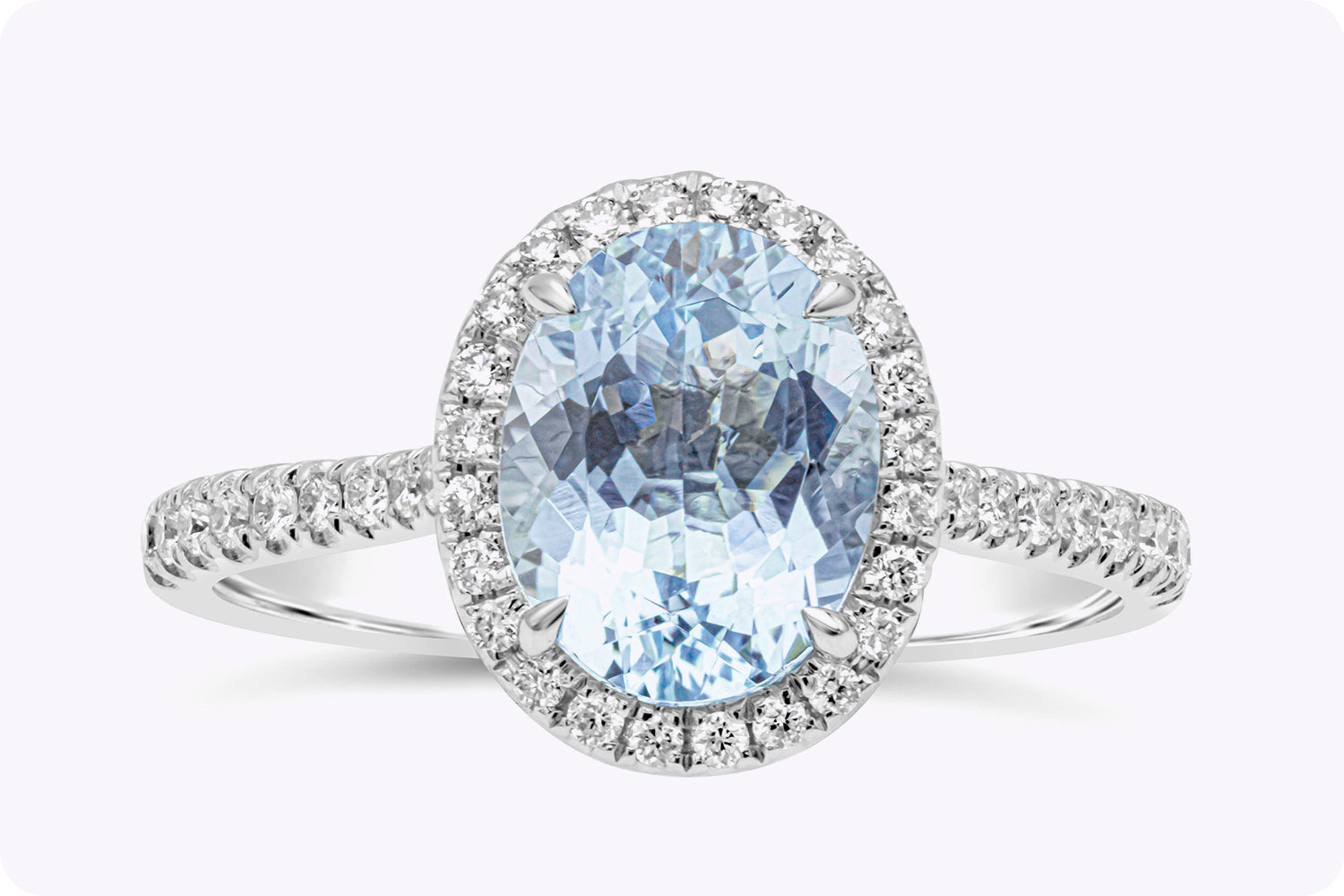 1.69 Carats Oval Cut Blue Aquamarine & Diamond Halo Engagement Ring in White Gold