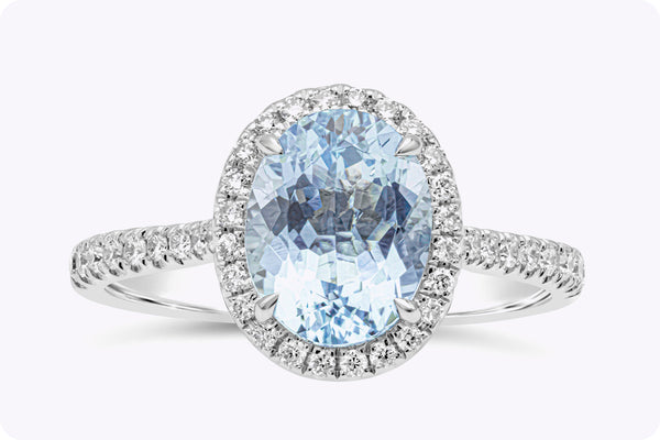 1.69 Carats Oval Cut Blue Aquamarine & Diamond Halo Engagement Ring in White Gold