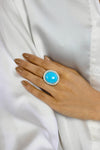 12.90 Carat Total Oval Cut Turquoise Gemstone Ring with Diamond Halo in Platinum