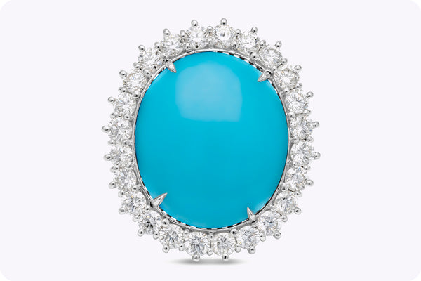 12.90 Carats Oval Cabochon Turquoise Gemstone Cocktail Ring & Diamond Halo in Platinum