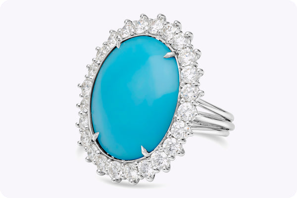 12.90 Carats Oval Cabochon Turquoise Gemstone Cocktail Ring & Diamond Halo in Platinum