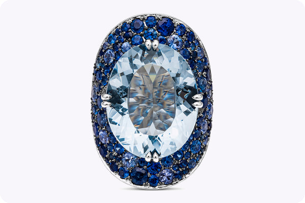 Large 19.69 Carats Oval Cut Aquamarine, Sapphire, & Diamond Bonnet Ring in White Gold