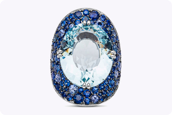 Large 19.69 Carats Oval Cut Aquamarine, Sapphire, & Diamond Bonnet Ring in White Gold