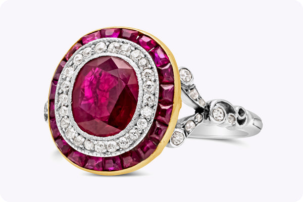 Antique GIA Certified 1.19 Carats Oval Cut Ruby & Diamond Double Halo Engagement Ring in Yellow Gold & Platinum