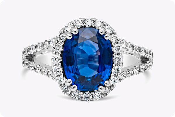 GIA Certified 2.68 Carats Oval Cut Sri Lankan Sapphire & Diamond Halo Engagement Ring in White Gold