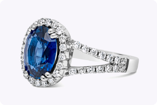 GIA Certified 2.68 Carats Oval Cut Sri Lankan Sapphire & Diamond Halo Engagement Ring in White Gold