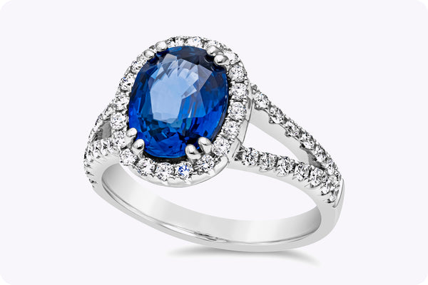 GIA Certified 2.68 Carats Oval Cut Sri Lankan Sapphire & Diamond Halo Engagement Ring in White Gold