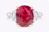 4.91 Carats Oval Cut Ruby & Diamond Three-Stone Engagement Ring in Platinum