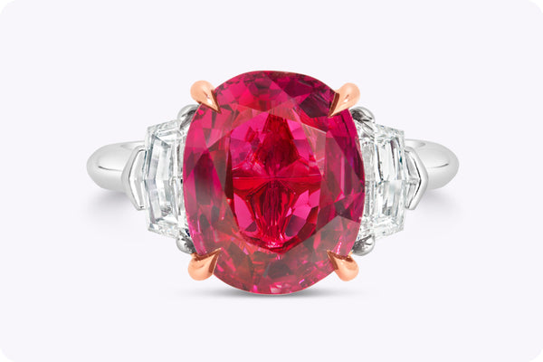 4.91 Carats Oval Cut Ruby & Diamond Three-Stone Engagement Ring in Rose Gold & Platinum