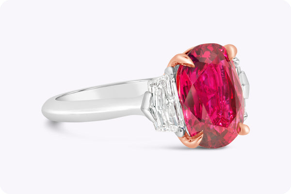 4.91 Carats Oval Cut Ruby & Diamond Three-Stone Engagement Ring in Rose Gold & Platinum