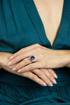 10.58 Carats Oval Cut Blue Sapphire & Diamond Three-Stone Engagement Ring in Platinum