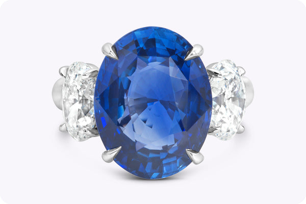 10.58 Carats Oval Cut Blue Sapphire & Diamond Three-Stone Engagement Ring in Platinum