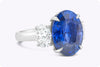 10.58 Carats Oval Cut Blue Sapphire & Diamond Three-Stone Engagement Ring in Platinum