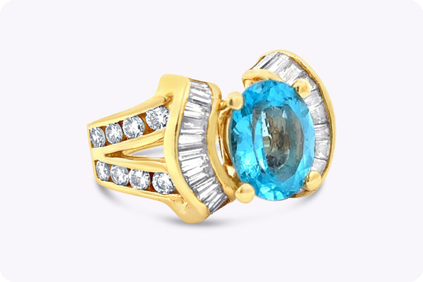 2.70 Carats Oval Cut Aquamarine & Diamond Vintage Fashion Ring in Yellow Gold