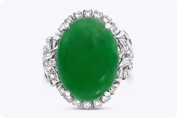 GIA Certified 13.00 Carats Oval Shape Cabochon Jade Cocktail Ring in Platinum