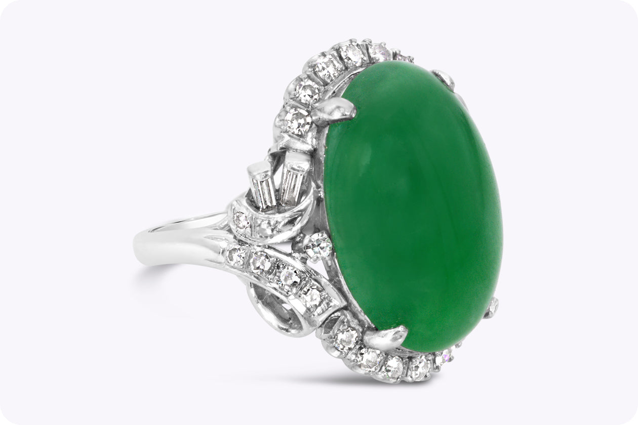 GIA Certified 13.00 Carats Oval Shape Cabochon Jade Cocktail Ring in Platinum