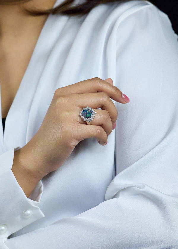 GIA Certified 2.98 Carat Natural Black Opal & Diamond Cocktail Ring in Platinum