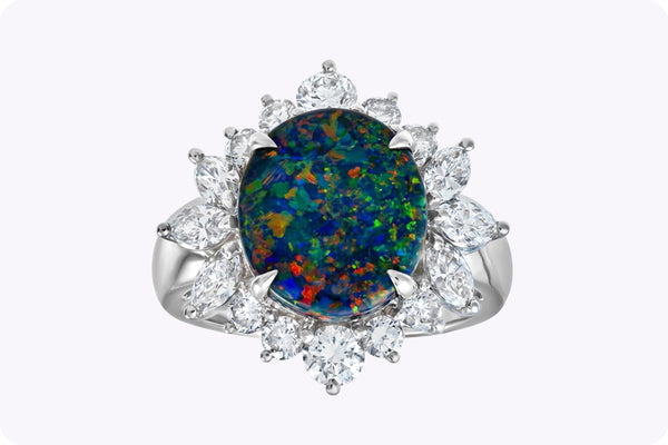 GIA Certified 2.98 Carat Natural Black Opal & Diamond Cocktail Ring in Platinum