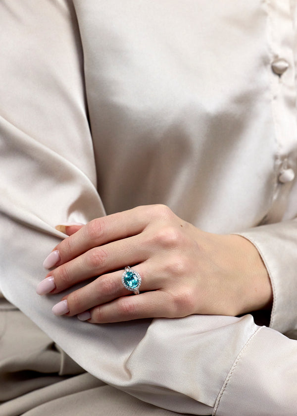 4.29 Carat Oval-Cut Paraiba Tourmaline & Diamond Halo Ring in White Gold