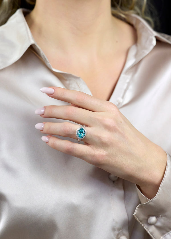 4.29 Carat Oval-Cut Paraiba Tourmaline & Diamond Halo Ring in White Gold
