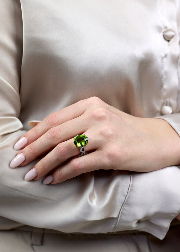 8.77 Carat Oval Cut Peridot and Diamond Fashion Ring in Platinum and Yellow Gold