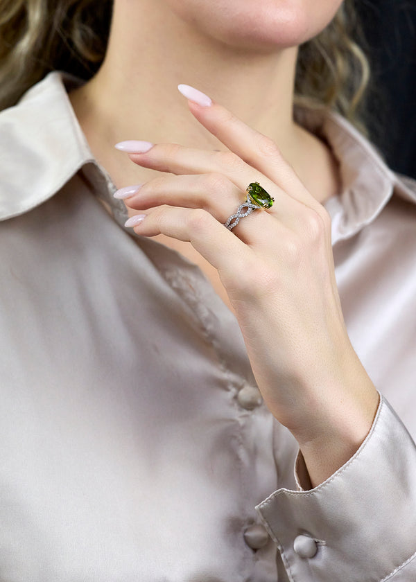 8.77 Carat Oval Cut Peridot and Diamond Fashion Ring in Platinum and Yellow Gold