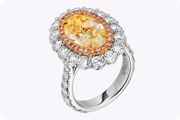 GIA Certified 8.11 Carats Total Oval-Cut Diamond Double Halo Engagement Ring in Yellow Gold & Platinum
