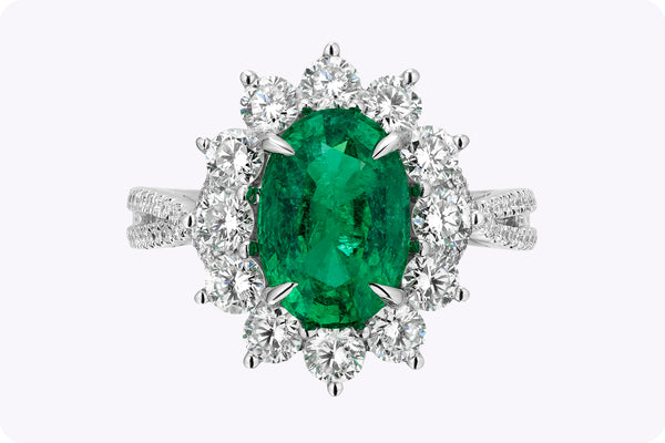 GIA-Certified 2.55-Carat Oval-Cut Emerald & Diamond Halo Engagement Ring in White Gold