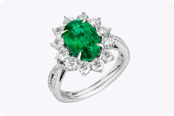 GIA-Certified 2.55-Carat Oval-Cut Emerald & Diamond Halo Engagement Ring in White Gold