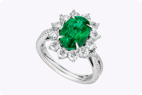 GIA-Certified 2.55-Carat Oval-Cut Emerald & Diamond Halo Engagement Ring in White Gold