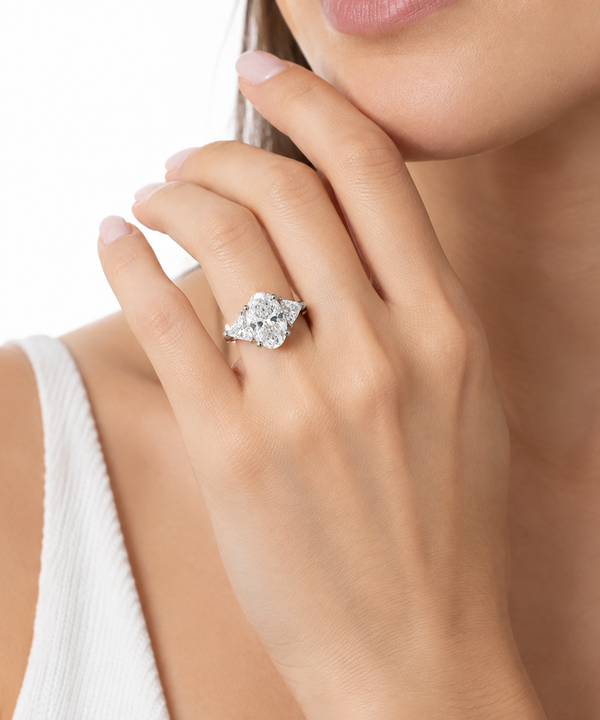 GIA Certified 4.61 Carats Total Oval Cut Diamond Three-Stone Engagement Ring in White Gold