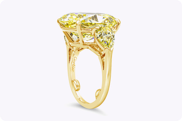 Cartier GIA Certified 13.46 Carats Oval Cut Yellow Diamond Three-Stone Engagement Ring in Yellow Gold