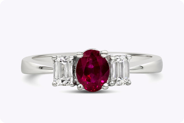 0.79 Carat Oval Cut Ruby & Diamond Three-Stone Engagement Ring in White Gold