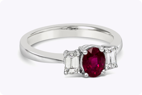 0.79 Carat Oval Cut Ruby & Diamond Three-Stone Engagement Ring in White Gold