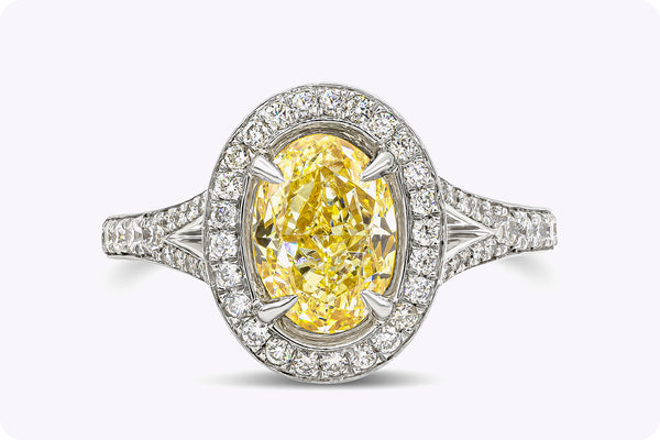 GIA Certified 1.76 Carats Oval Cut Yellow Diamond Halo Engagement Ring in Platinum