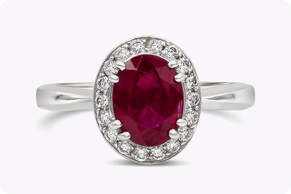 1.36 Carats Oval Cut Ruby & Diamond Halo Engagement Ring in White Gold